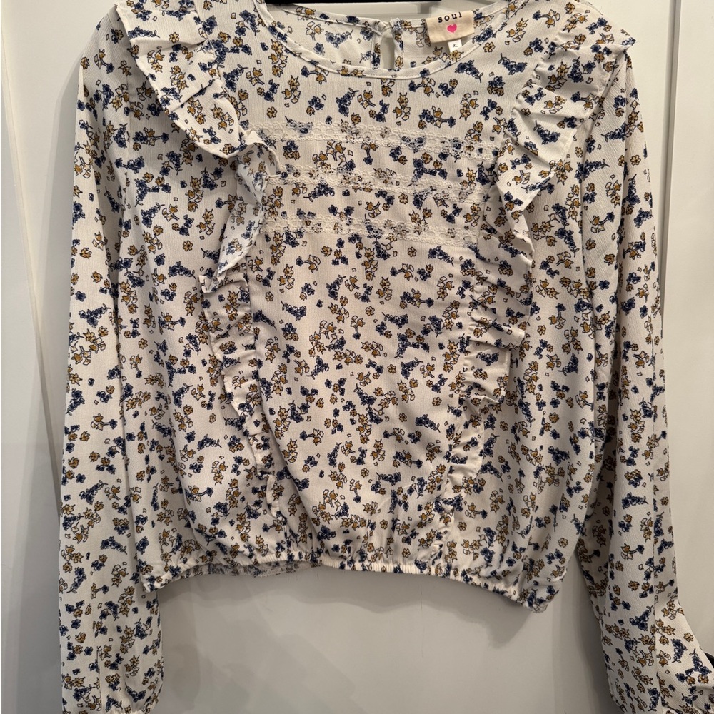 New Women's Junior Floral Ruffle Blouse - Cream and Blue Pretty